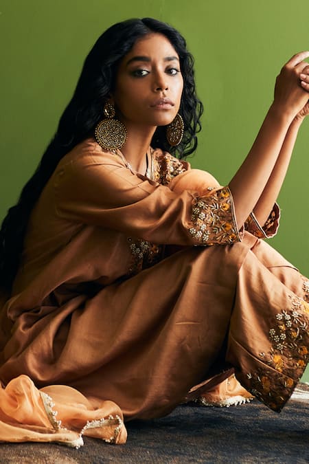 Shop_Esha Arora_Brown Silk Chanderi Floral Round Kurta Set_Online_at_Aza_Fashions