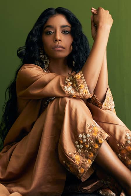 Esha Arora_Brown Silk Chanderi Floral Round Kurta Set_at_Aza_Fashions