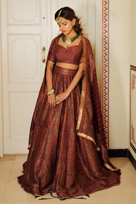 Safaa_Maroon Velour, Velvet Embroidery Sweetheart Neck The Iffat Bridal Lehenga Set _at_Aza_Fashions