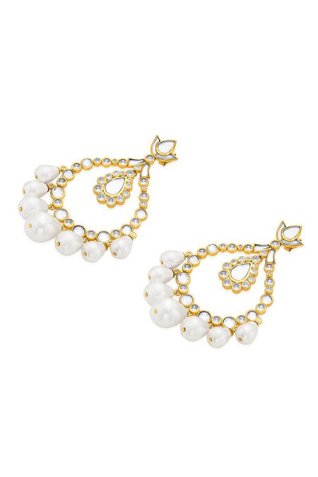 Shop_Isharya_White Japanese Cotton Ball Pearl Elongated Crystal Studded Jhoomer Earrings_Online_at_Aza_Fashions
