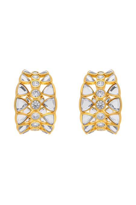 Shop_Isharya_Gold Plated Mirrors, Cubic Zirconia Ruhaaniyat Hoop Earrings_Online_at_Aza_Fashions