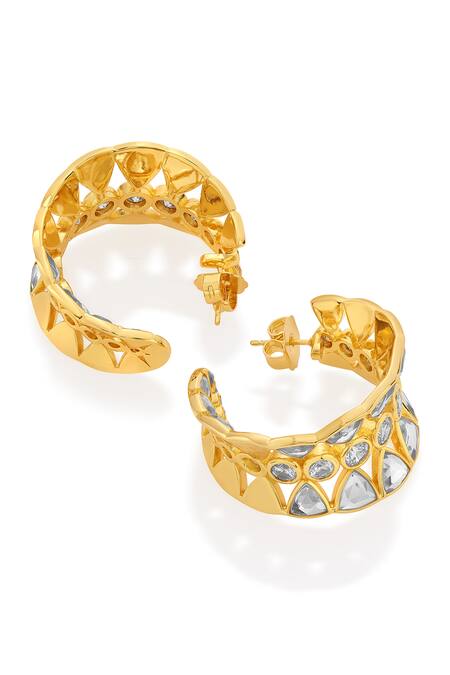 Isharya_Gold Plated Mirrors, Cubic Zirconia Ruhaaniyat Hoop Earrings_at_Aza_Fashions