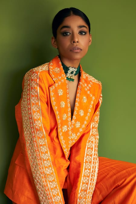 Esha Arora Orange Vegan Silk Sequin, Zari And Bead Work Embroidered Blazer Sharara Set Online at Aza Fashions Esha Arora_Orange Vegan Silk Sequin, Zari And Bead Work Embroidered Blazer Sharara Set _Online_at_Aza_Fashions