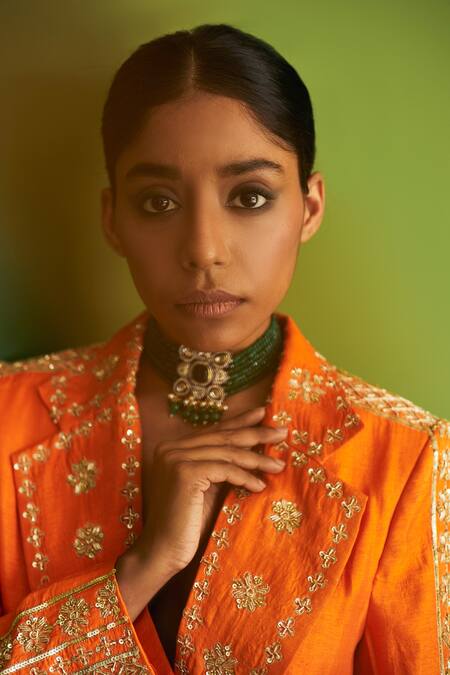 Buy Esha Arora Orange Vegan Silk Sequin, Zari And Bead Work Embroidered Blazer Sharara Set Online at Aza Fashions Buy_Esha Arora_Orange Vegan Silk Sequin, Zari And Bead Work Embroidered Blazer Sharara Set _Online_at_Aza_Fashions