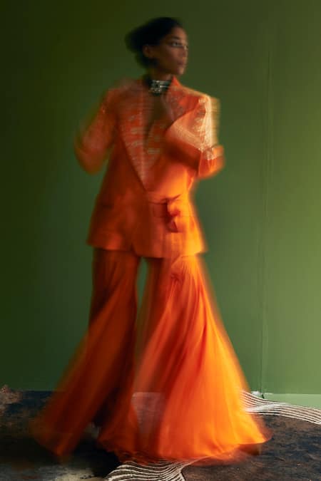 Shop Esha Arora Orange Vegan Silk Sequin, Zari And Bead Work Embroidered Blazer Sharara Set Online at Aza Fashions Shop_Esha Arora_Orange Vegan Silk Sequin, Zari And Bead Work Embroidered Blazer Sharara Set _Online_at_Aza_Fashions