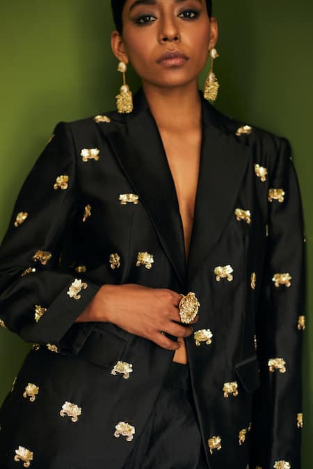Esha Arora_Black Silk Chanderi Sequin Notched Lapel Collar Embroidered Blazer _at_Aza_Fashions