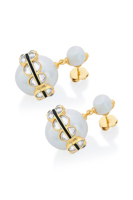 Isharya White Pearl Amara Mirror Duo Drop Earrings Online at Aza Fashions Isharya_White Pearl Amara Mirror Duo Drop Earrings_Online_at_Aza_Fashions