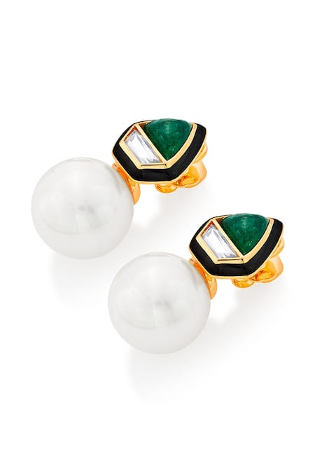 Isharya_Green Mirrors, Pearls, Stones Razia Quartz Earrings _Online_at_Aza_Fashions