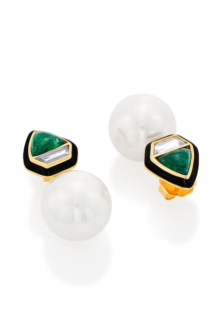Buy_Isharya_Green Mirrors, Pearls, Stones Razia Quartz Earrings _Online_at_Aza_Fashions