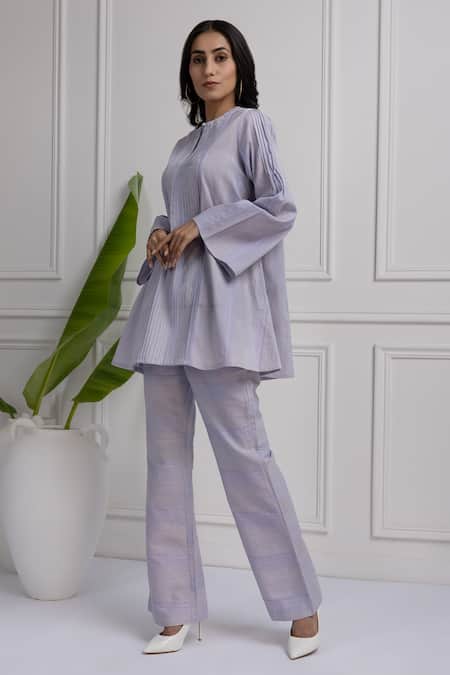 House Of TA-YA Blue Cotton Keyhole Neck Pintuck Top And Pant Set Online at Aza Fashions House Of TA-YA_Blue Cotton Keyhole Neck Pintuck Top And Pant Set _Online_at_Aza_Fashions
