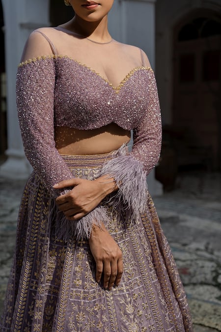 AMRIN KHAN_Purple Organza Embroidery Foil Round Lehenga Set  _Online_at_Aza_Fashions