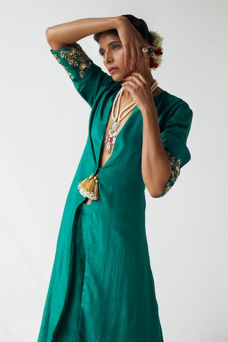 Esha Arora_Green Silk Sequin, Zari And Bead Work Deep V Neck Jacket Kurta And Pant Set _Online_at_Aza_Fashions