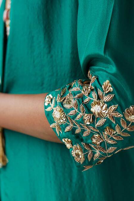 Buy_Esha Arora_Green Silk Sequin, Zari And Bead Work Deep V Neck Jacket Kurta And Pant Set _Online_at_Aza_Fashions