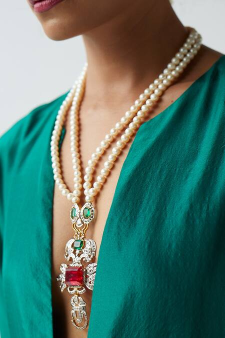 Shop_Esha Arora_Green Silk Sequin, Zari And Bead Work Deep V Neck Jacket Kurta And Pant Set _Online_at_Aza_Fashions