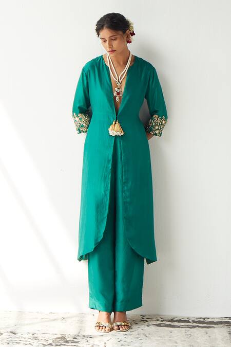 Esha Arora_Green Silk Sequin, Zari And Bead Work Deep V Neck Jacket Kurta And Pant Set _at_Aza_Fashions