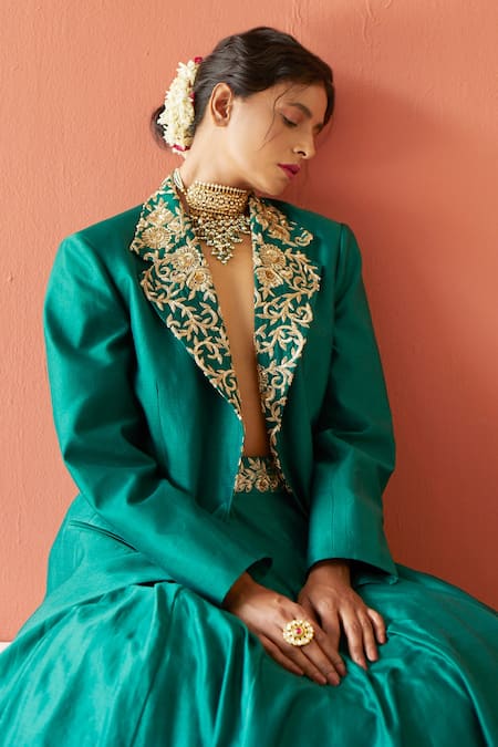 Esha Arora_Green Silk Chanderi Cutdana, Floral, Sequin Embroidered Blazer And Lehenga Set _at_Aza_Fashions