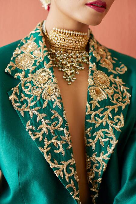 Buy_Esha Arora_Green Silk Chanderi Cutdana, Floral, Sequin Embroidered Blazer And Lehenga Set 