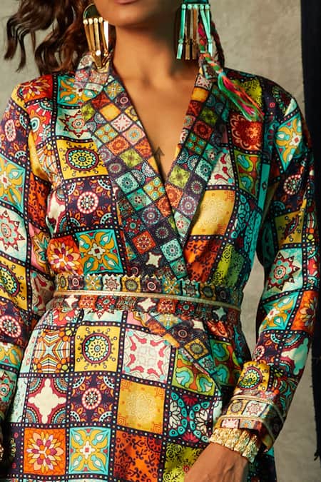Esha L Amin_Multi Color Viscose, Crepe Shawl Neck Tile Print Blazer Maxi Dress _Online_at_Aza_Fashions