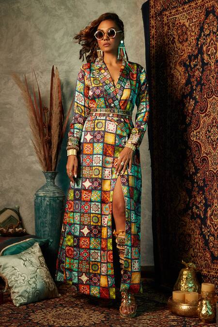 Buy_Esha L Amin_Multi Color Viscose, Crepe Shawl Neck Tile Print Blazer Maxi Dress _Online_at_Aza_Fashions