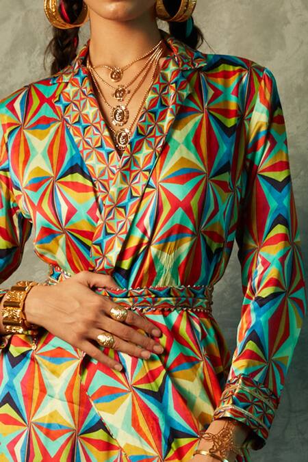 Esha L Amin_Multi Color Viscose, Crepe Shawl Neck Geometric Print Blazer Maxi Dress _Online_at_Aza_Fashions