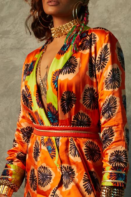 Buy_Esha L Amin_Orange Viscose, Crepe Embroidery Shawl Abstract Flower Print Blazer Maxi Dress _Online_at_Aza_Fashions