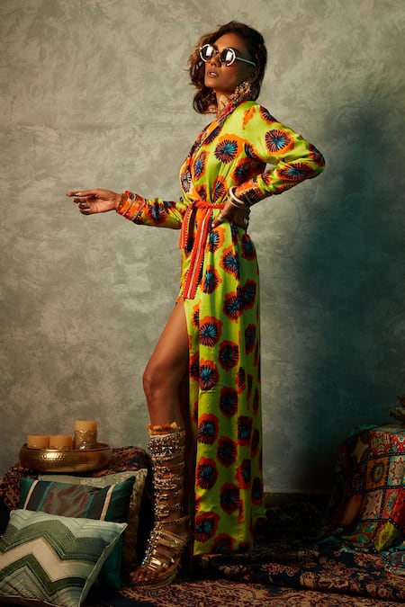 Buy_Esha L Amin_Orange Viscose, Crepe Embroidery Shawl Neck Abstract Flower Print Blazer Dress _Online_at_Aza_Fashions