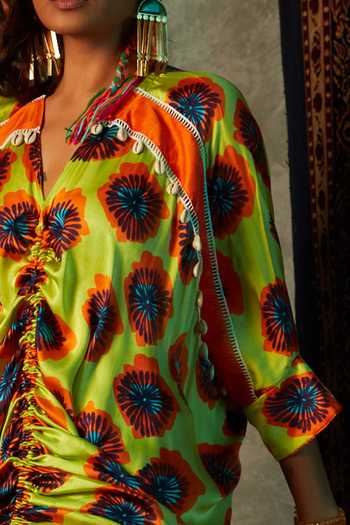 Esha L Amin_Yellow Modal, Satin V-neck Abstract Flower Print Drawstring Kaftan _Online_at_Aza_Fashions