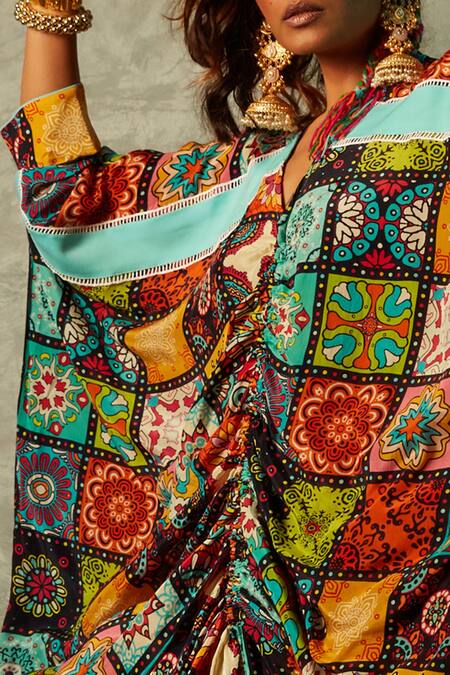 Esha L Amin_Multi Color Modal, Satin V-neck Tile Print Drawstring Kaftan _Online_at_Aza_Fashions