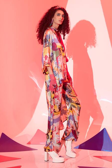 Buy_Esha L Amin_Multi Color Viscose, Crepe Collared Stella And Shirt _Online_at_Aza_Fashions