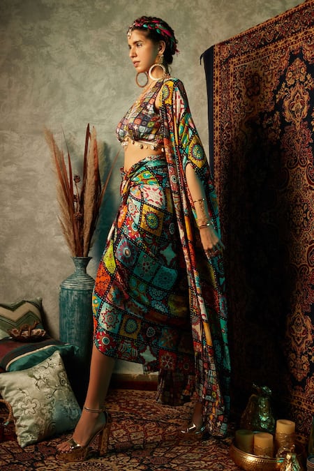 Buy_Esha L Amin_Multi Color Tile Print Cape _Online_at_Aza_Fashions