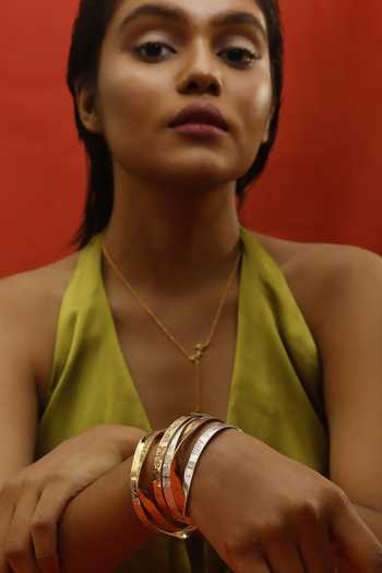Shop_Eina Ahluwalia_Silver Plated Nirbhau Nirvair And Chardi Kala Bangle_Online_at_Aza_Fashions
