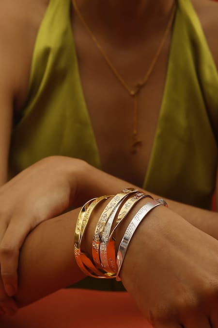 Eina Ahluwalia_Gold Plated Cut Work Engraved Gurmukhi Font Bangle_Online_at_Aza_Fashions