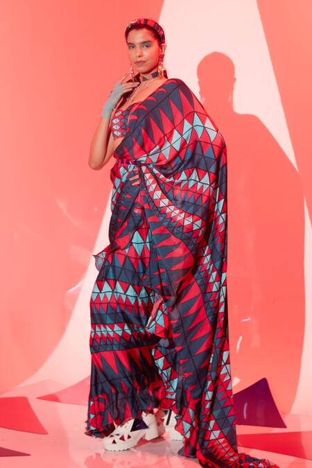 Esha L Amin_Multi Color Viscose, Crepe Coachella Printed Pre-draped Saree _Online_at_Aza_Fashions