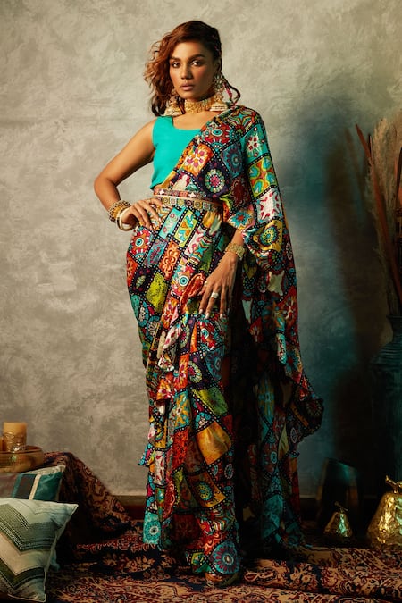 Buy_Esha L Amin_Multi Color Modal, Satin Tile Print Saree  _Online_at_Aza_Fashions
