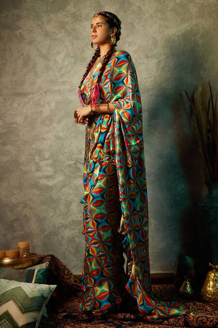 Buy_Esha L Amin_Multi Color Modal Satin Printed Geometric Saree _Online_at_Aza_Fashions