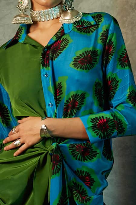 Esha L Amin_Blue Modal, Satin Collared Blotch Print Shirt Dress _Online_at_Aza_Fashions
