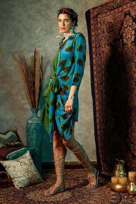 Buy_Esha L Amin_Blue Modal, Satin Collared Blotch Print Shirt Dress _Online_at_Aza_Fashions