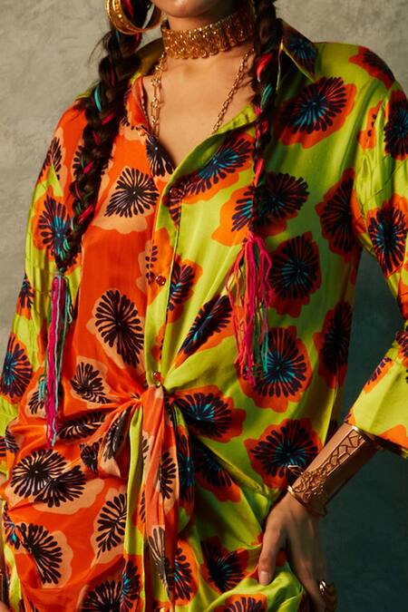 Esha L Amin_Orange Modal, Satin Collared Printed Shirt Dress _Online_at_Aza_Fashions