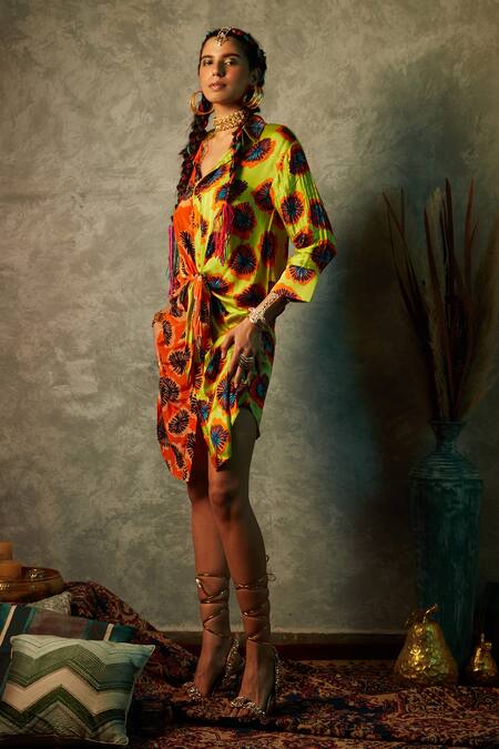 Buy_Esha L Amin_Orange Modal, Satin Collared Printed Shirt Dress _Online_at_Aza_Fashions