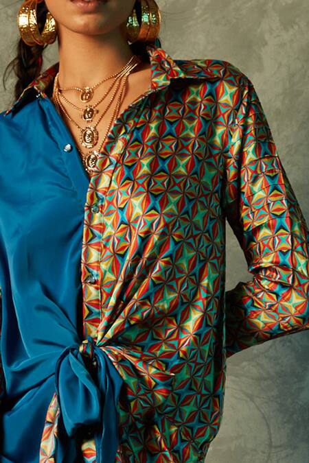 Esha L Amin_Blue Modal, Satin Collared Small Square Print Shirt Dress _Online_at_Aza_Fashions