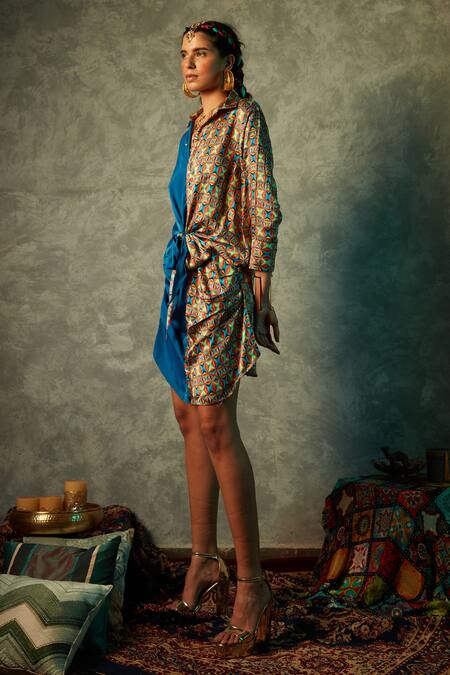 Buy_Esha L Amin_Blue Modal, Satin Collared Small Square Print Shirt Dress _Online_at_Aza_Fashions
