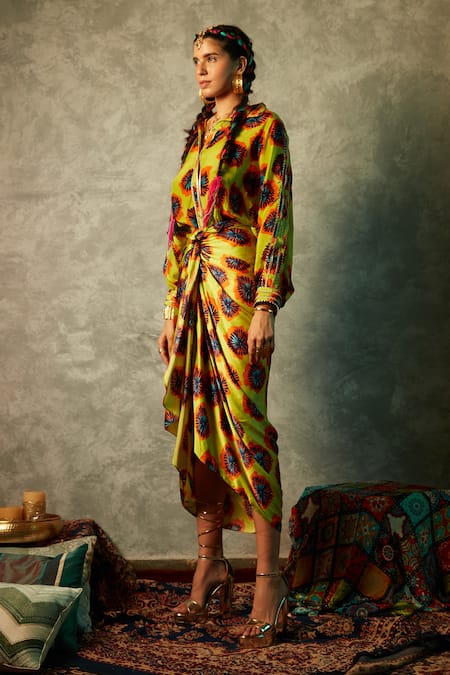 Buy_Esha L Amin_Yellow Viscose Blotch Print Sarong Skirt _Online_at_Aza_Fashions