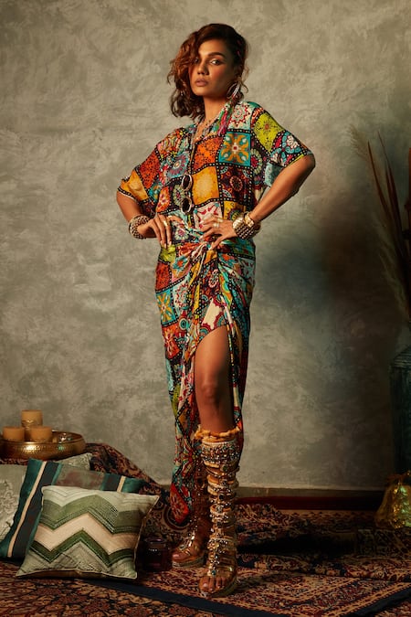 Buy_Esha L Amin_Multi Color Viscose Tiles Print Sarong Skirt _Online_at_Aza_Fashions