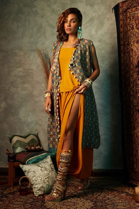 Buy_Esha L Amin_Multi Color Small Square Print Cape _Online_at_Aza_Fashions