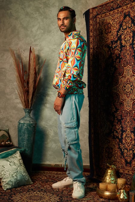 Buy_Esha L Amin_Multi Color Viscose, Crepe Big Square Print Bomber Jacket _Online_at_Aza_Fashions