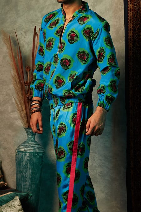 Esha L Amin_Blue Viscose Blotch Print Bomber Jacket _Online_at_Aza_Fashions