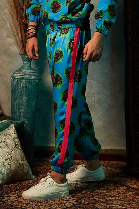 Esha L Amin_Blue Modal, Satin Blotch Print Joggers _Online_at_Aza_Fashions