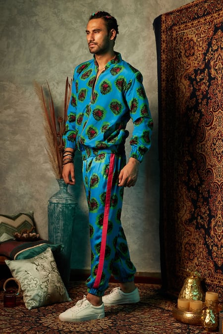 Buy_Esha L Amin_Blue Modal, Satin Blotch Print Joggers _Online_at_Aza_Fashions
