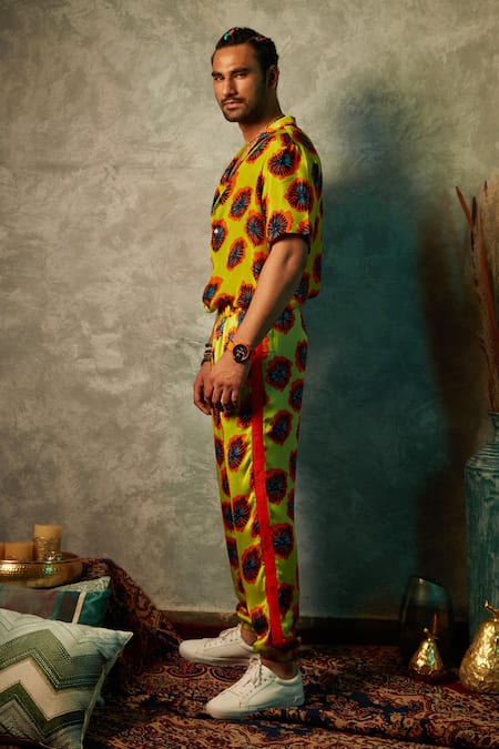Esha L Amin_Yellow Viscose Blotch Print Button Down Shirt _Online_at_Aza_Fashions