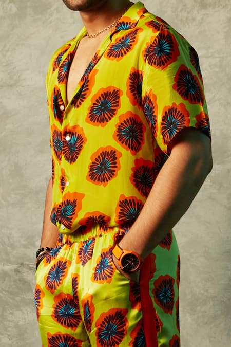 Buy_Esha L Amin_Yellow Viscose Blotch Print Button Down Shirt _Online_at_Aza_Fashions